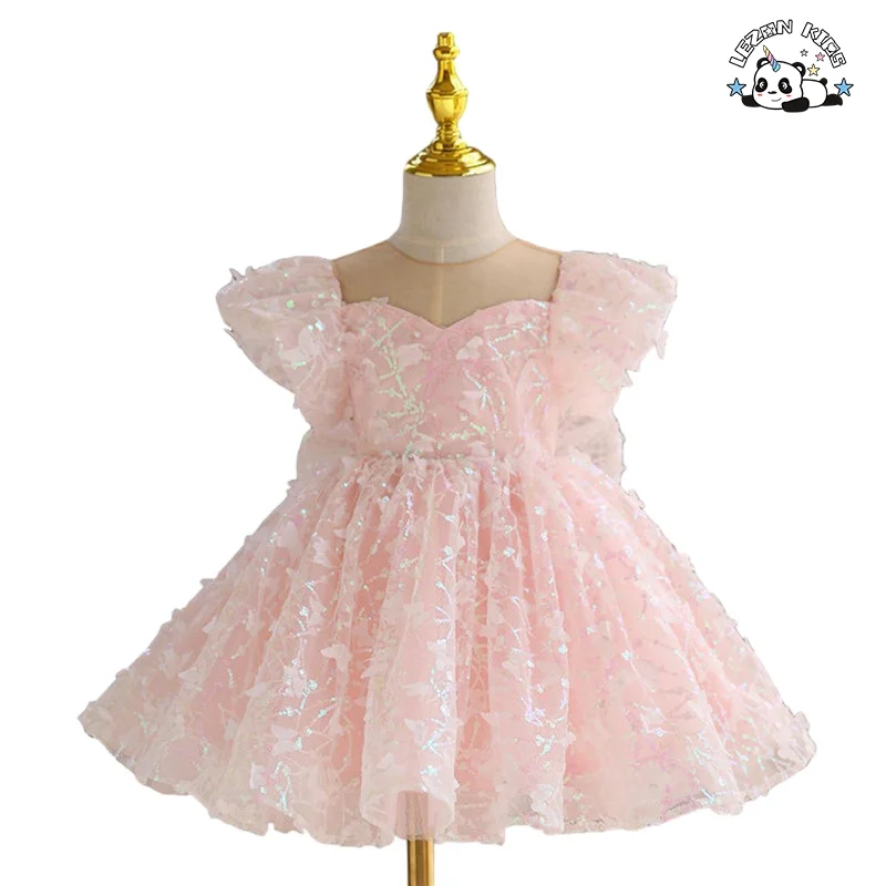 LEZONKIDS - Customizable Ins Customized Shiny Solid Butterfly Flying Sleeve Girls Sequin Tulle Dress for Summer